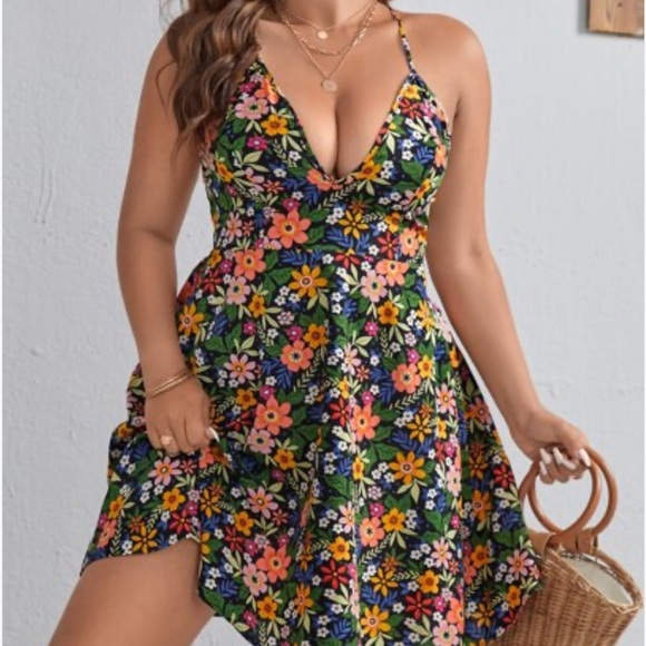 SHEIN Vibrant Floral V-Neck Mini Dress - Picture 1 of 7